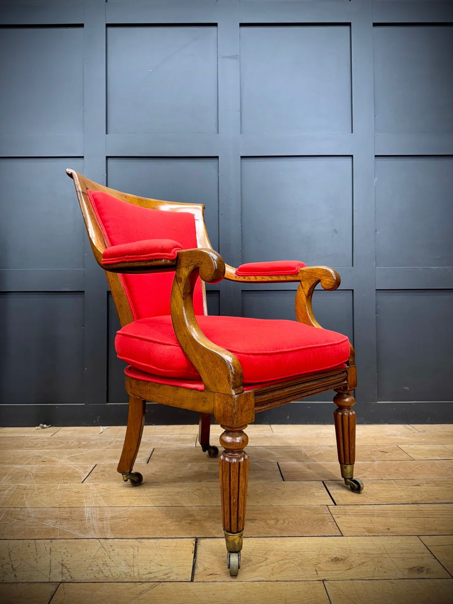 Antique Mahogany Armchair / Red Upholstered Chair / Victorian Empire Armchair