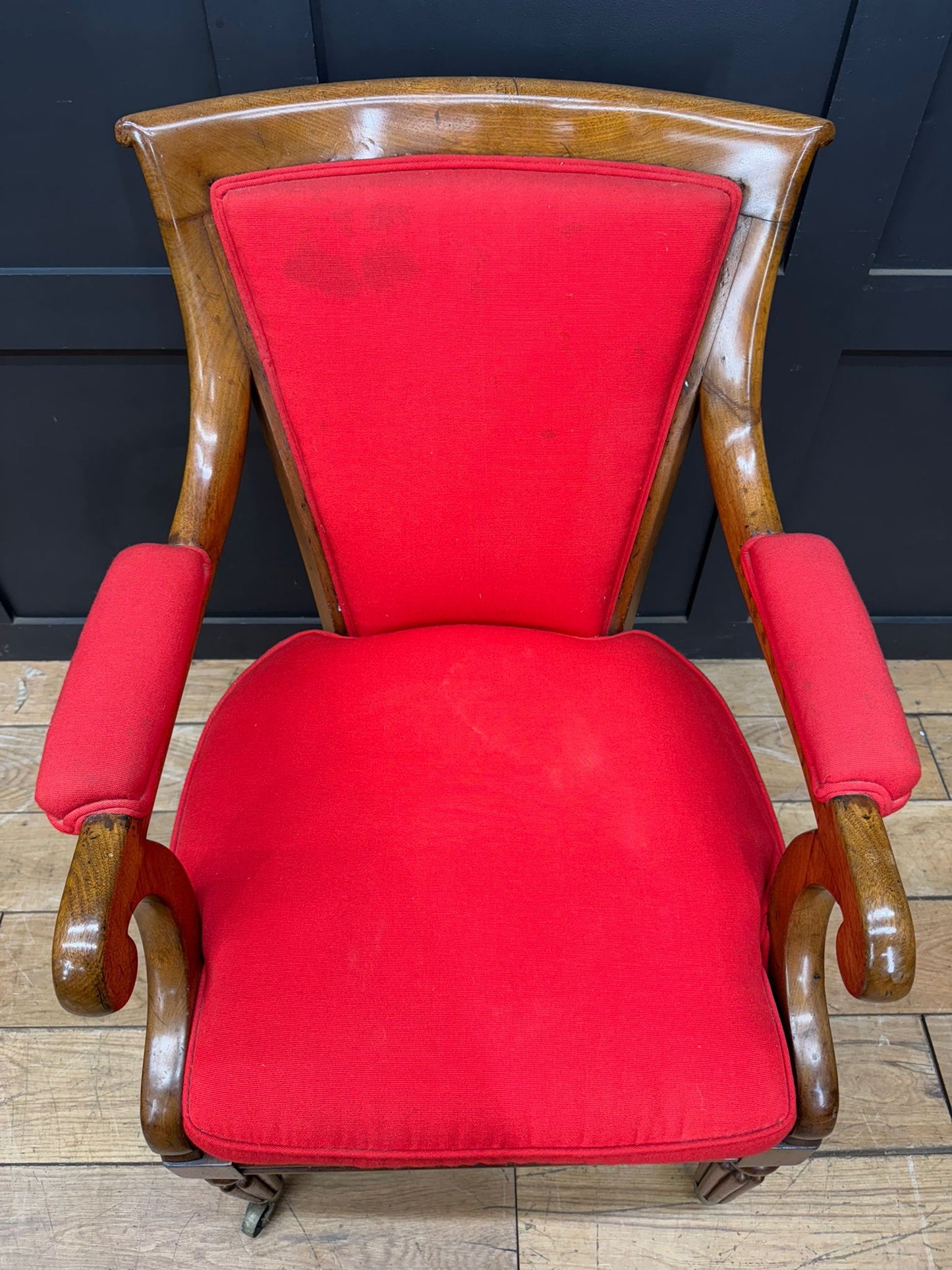 Antique Mahogany Armchair / Red Upholstered Chair / Victorian Empire Armchair