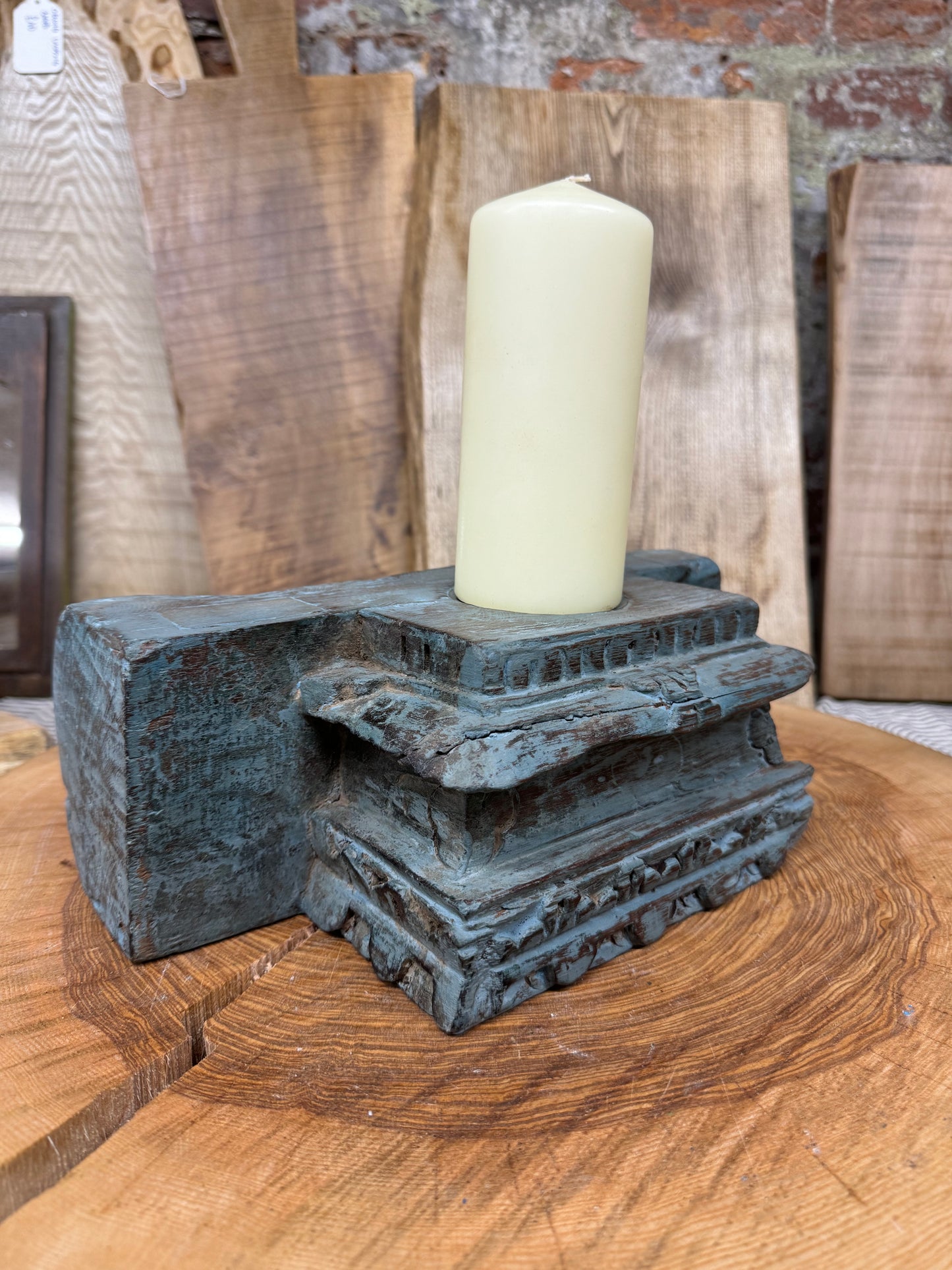 Rustic Church Candle Holder / Indian Pillar Base / Farmhouse Decor Dark Blue