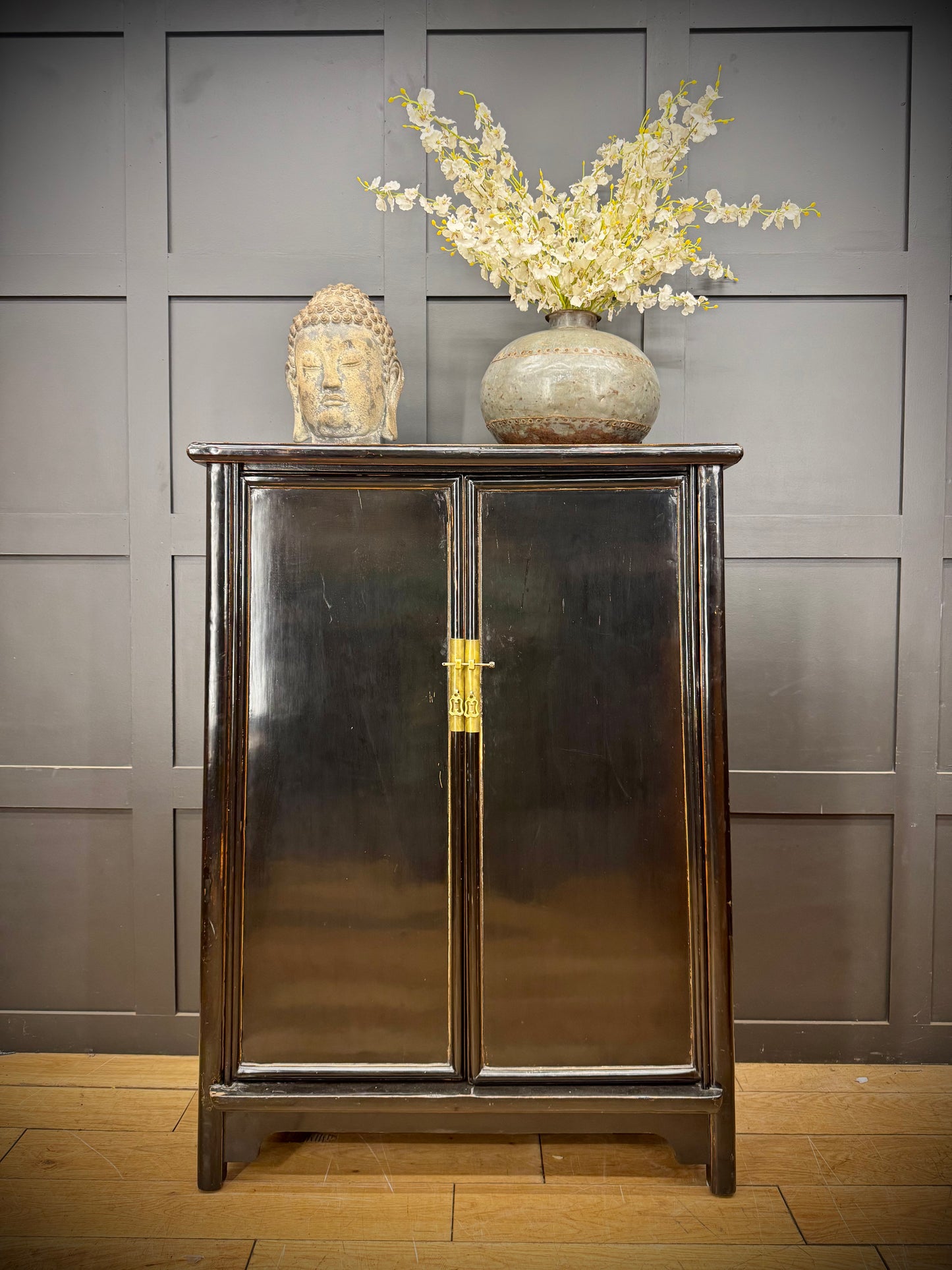 Vintage Black Lacquered Chinese Cabinet - Shelved Cupboard - Wedding Cabinet