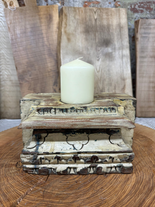 Rustic Church Candle Holder / Indian Pillar Base / Farmhouse Decor Cream