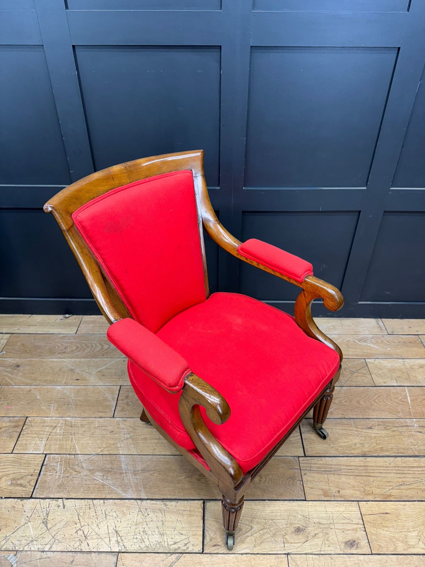 Antique Mahogany Armchair / Red Upholstered Chair / Victorian Empire Armchair