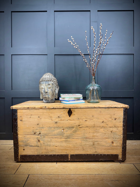 Large Antique Pine Trunk Chest / Coffee Table / Rustic Box Storage / Toy Storage