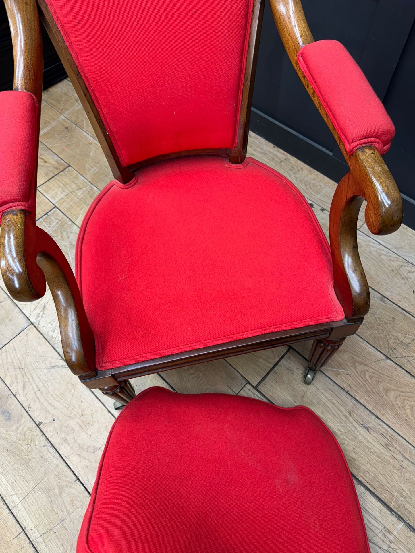 Antique Mahogany Armchair / Red Upholstered Chair / Victorian Empire Armchair