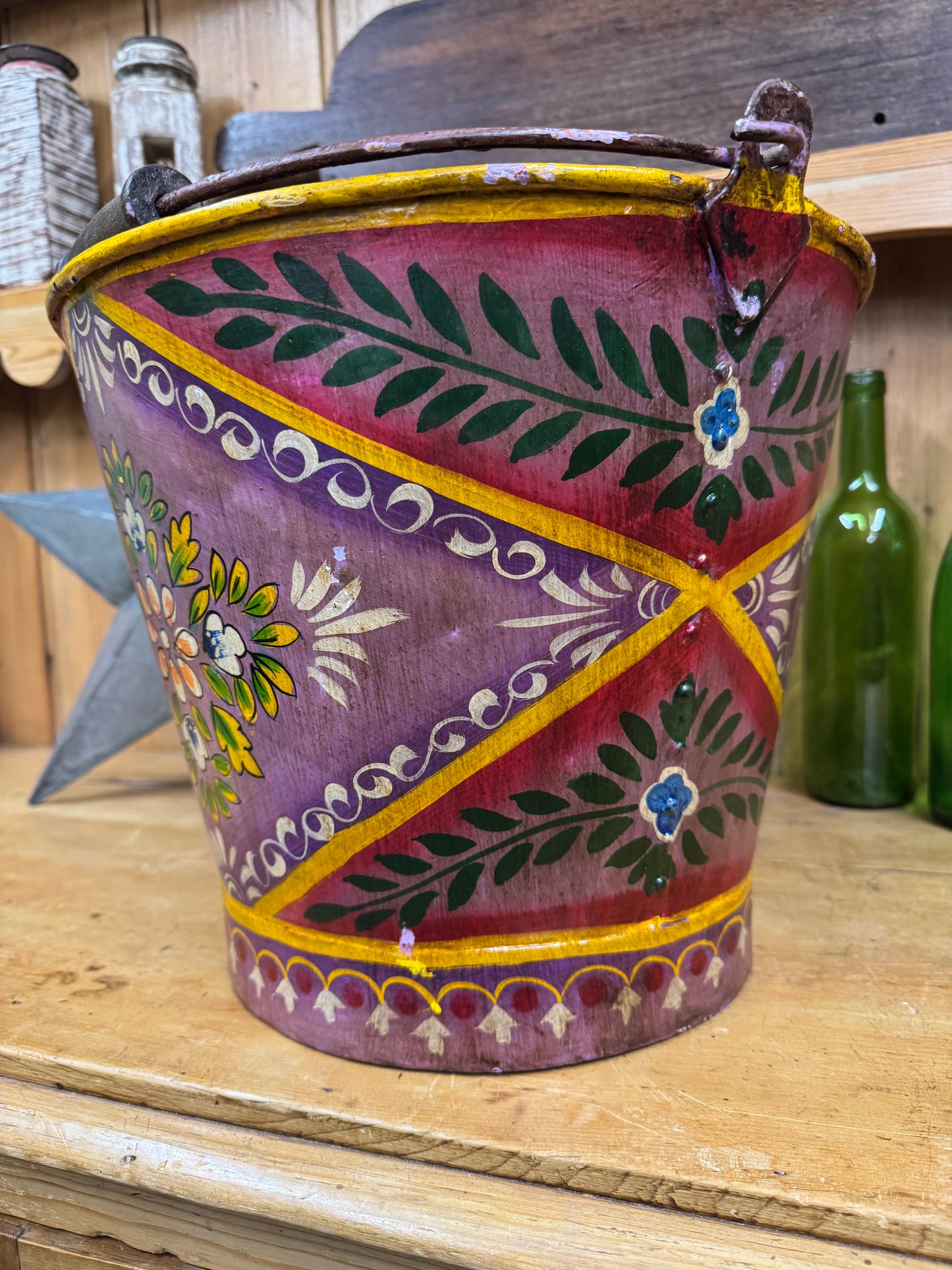 Vintage Painted Bucket / Plant Pot / Hand Painted / Herb Planter / Purple Pail / Log Basket / Gypsy Narrow Boat