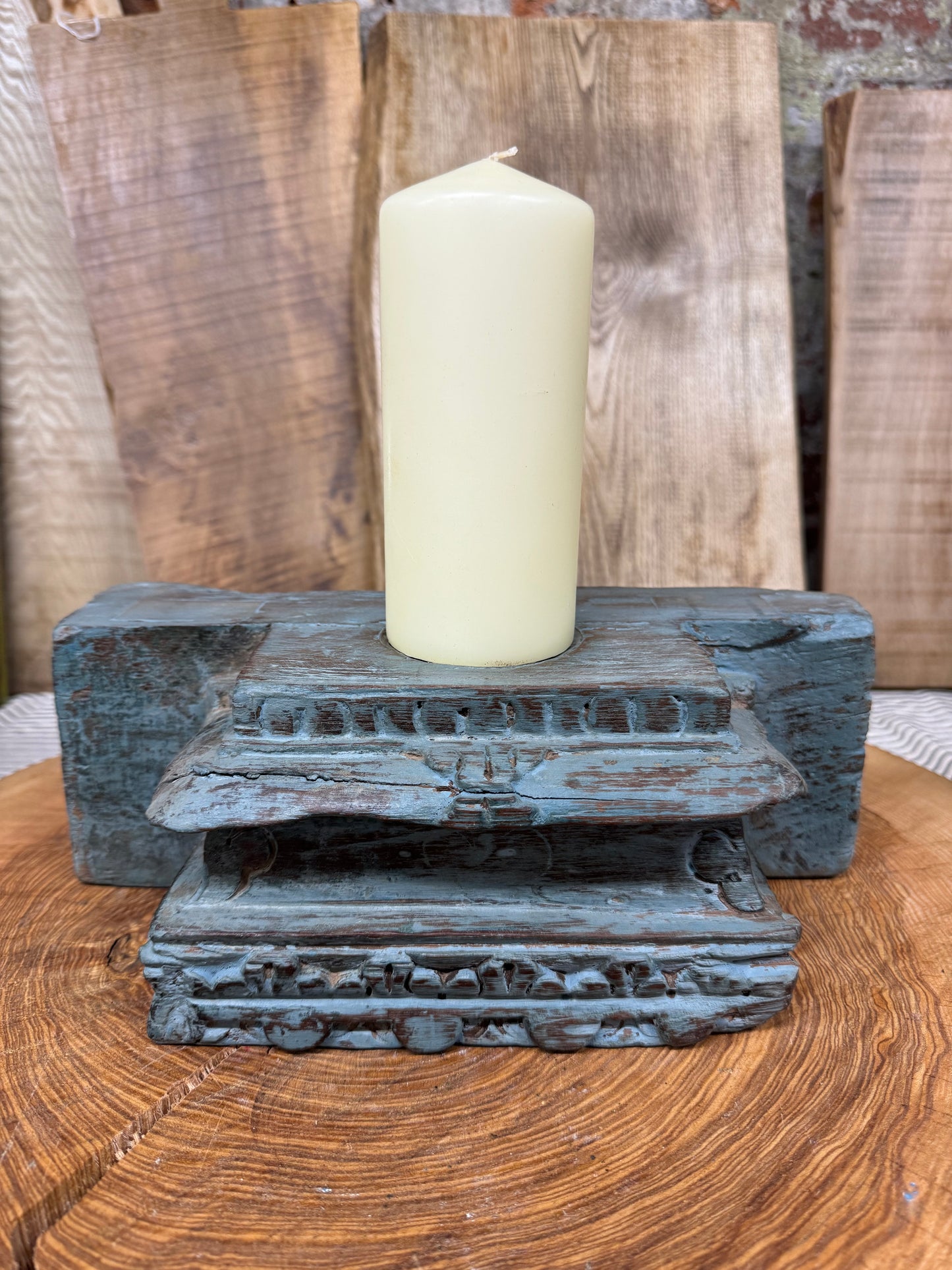 Rustic Church Candle Holder / Indian Pillar Base / Farmhouse Decor Dark Blue