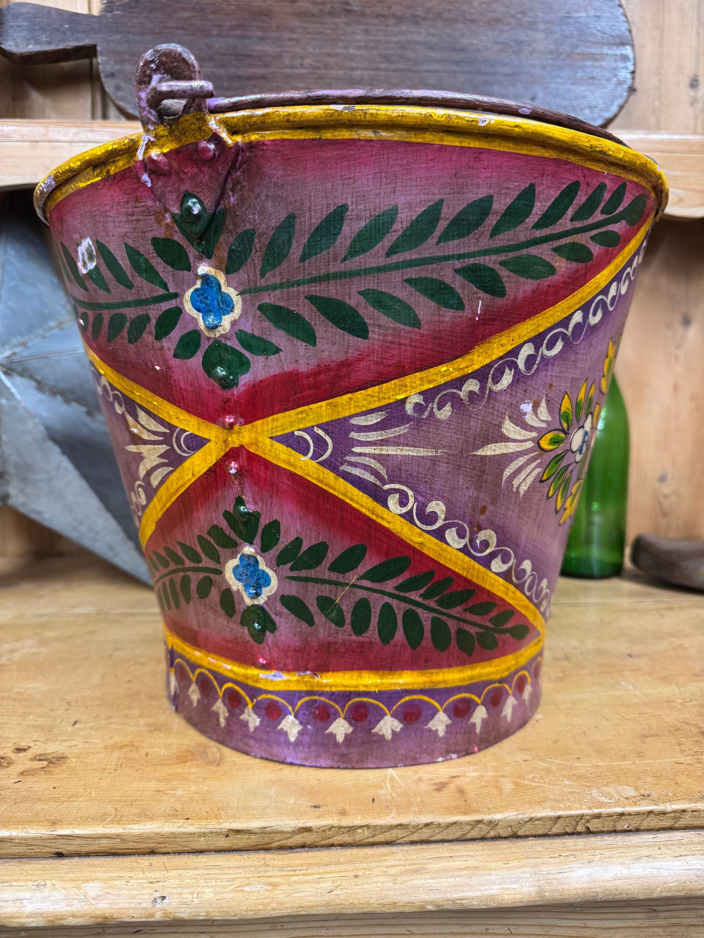 Vintage Painted Bucket / Plant Pot / Hand Painted / Herb Planter / Purple Pail / Log Basket / Gypsy Narrow Boat