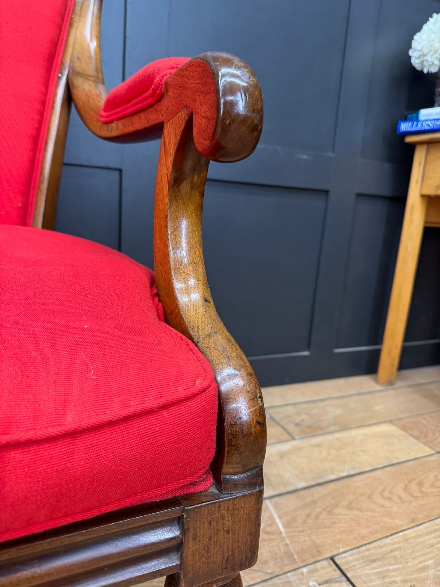 Antique Mahogany Armchair / Red Upholstered Chair / Victorian Empire Armchair