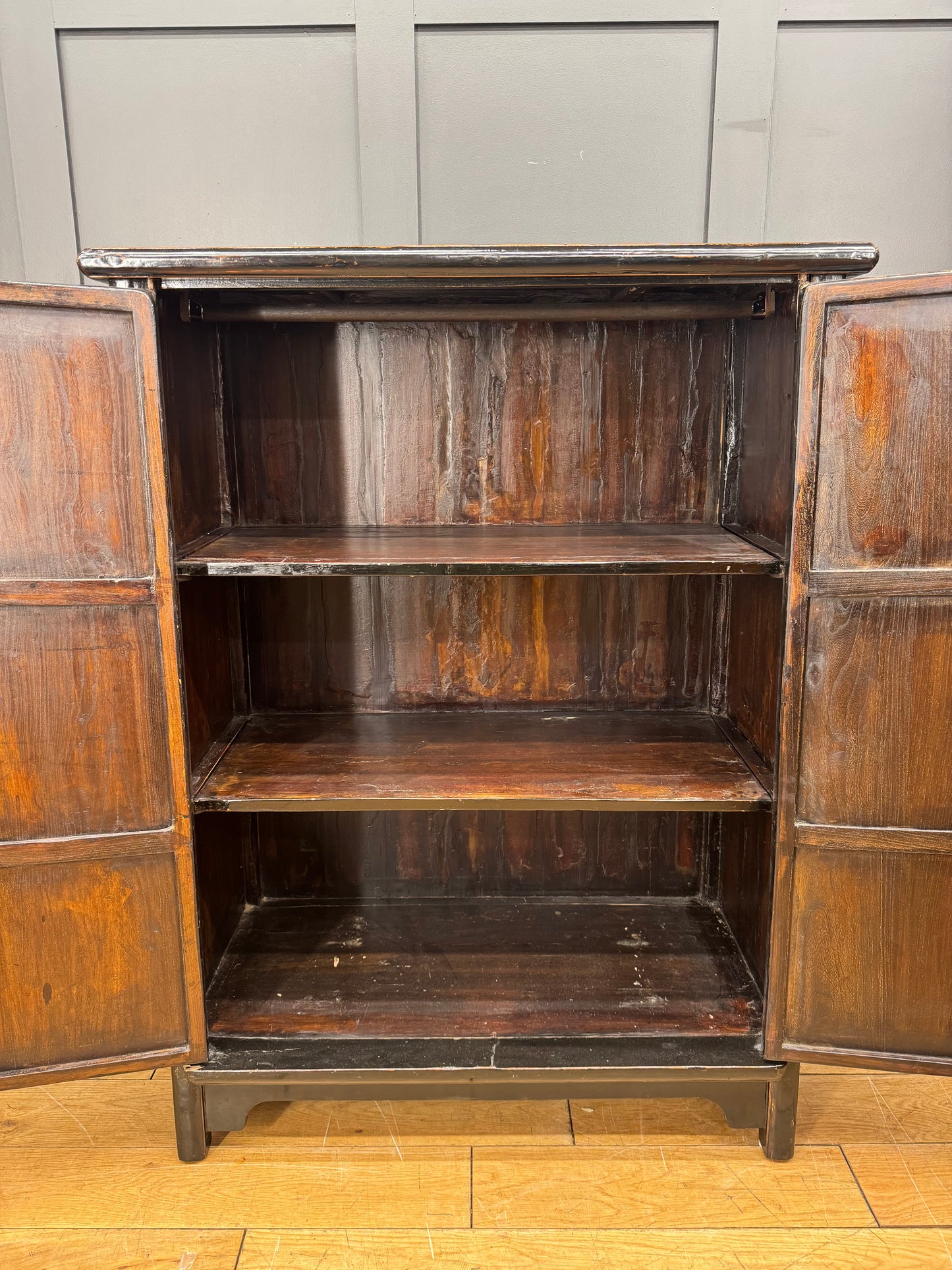 Vintage Black Lacquered Chinese Cabinet - Shelved Cupboard - Wedding Cabinet