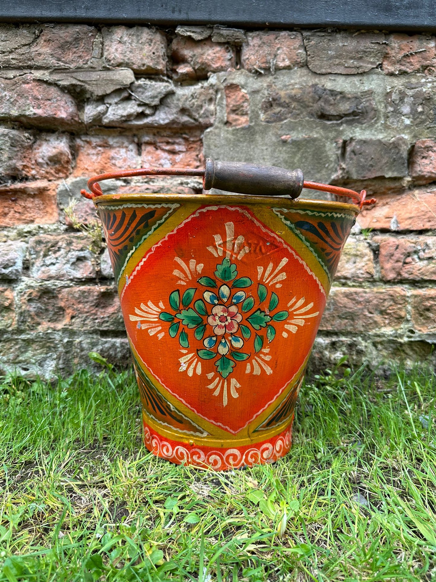 Vintage Painted Bucket / Plant Pot / Hand Painted / Herb Planter / Orange Pail