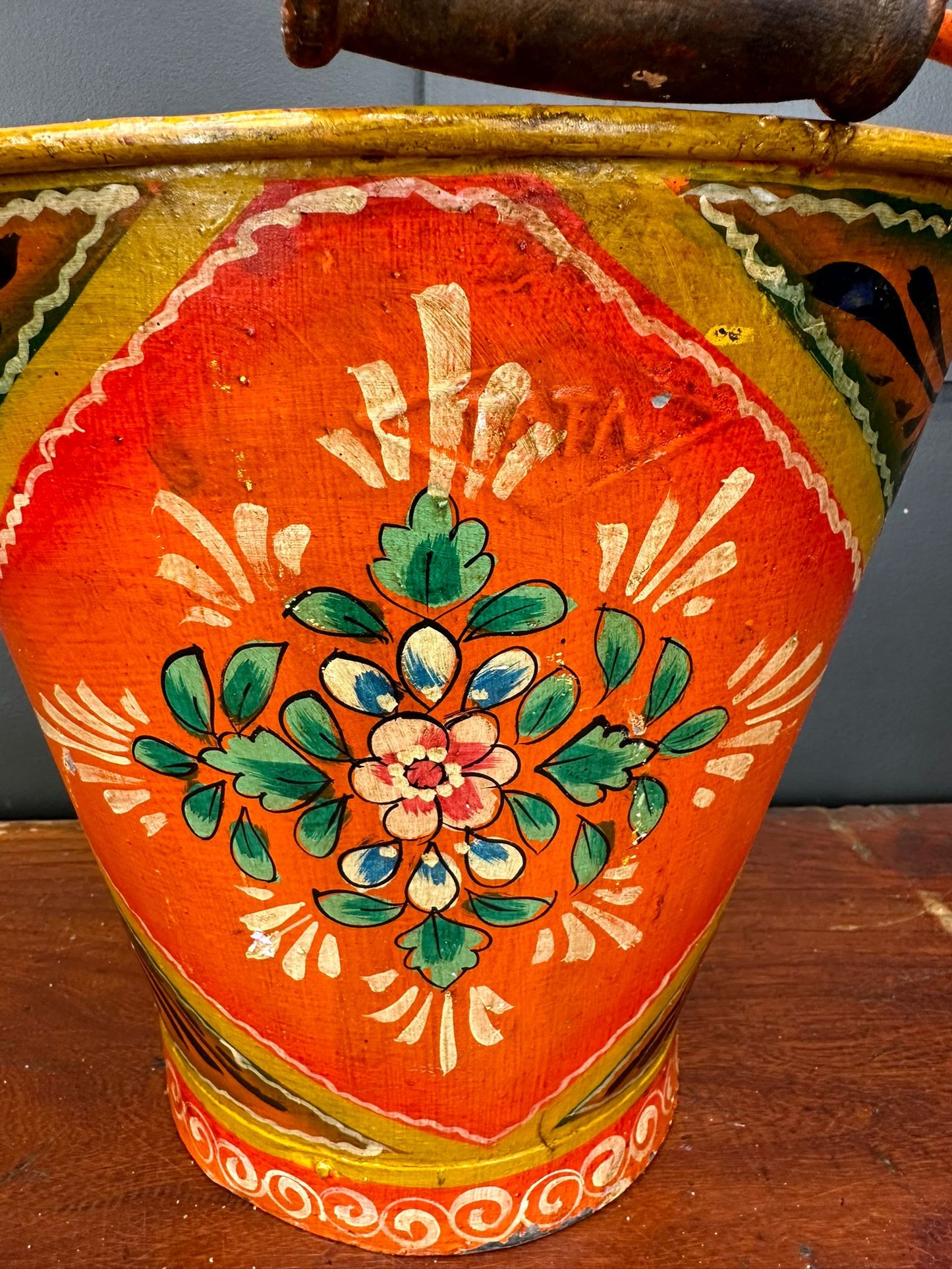 Vintage Painted Bucket / Plant Pot / Hand Painted / Herb Planter / Orange Pail