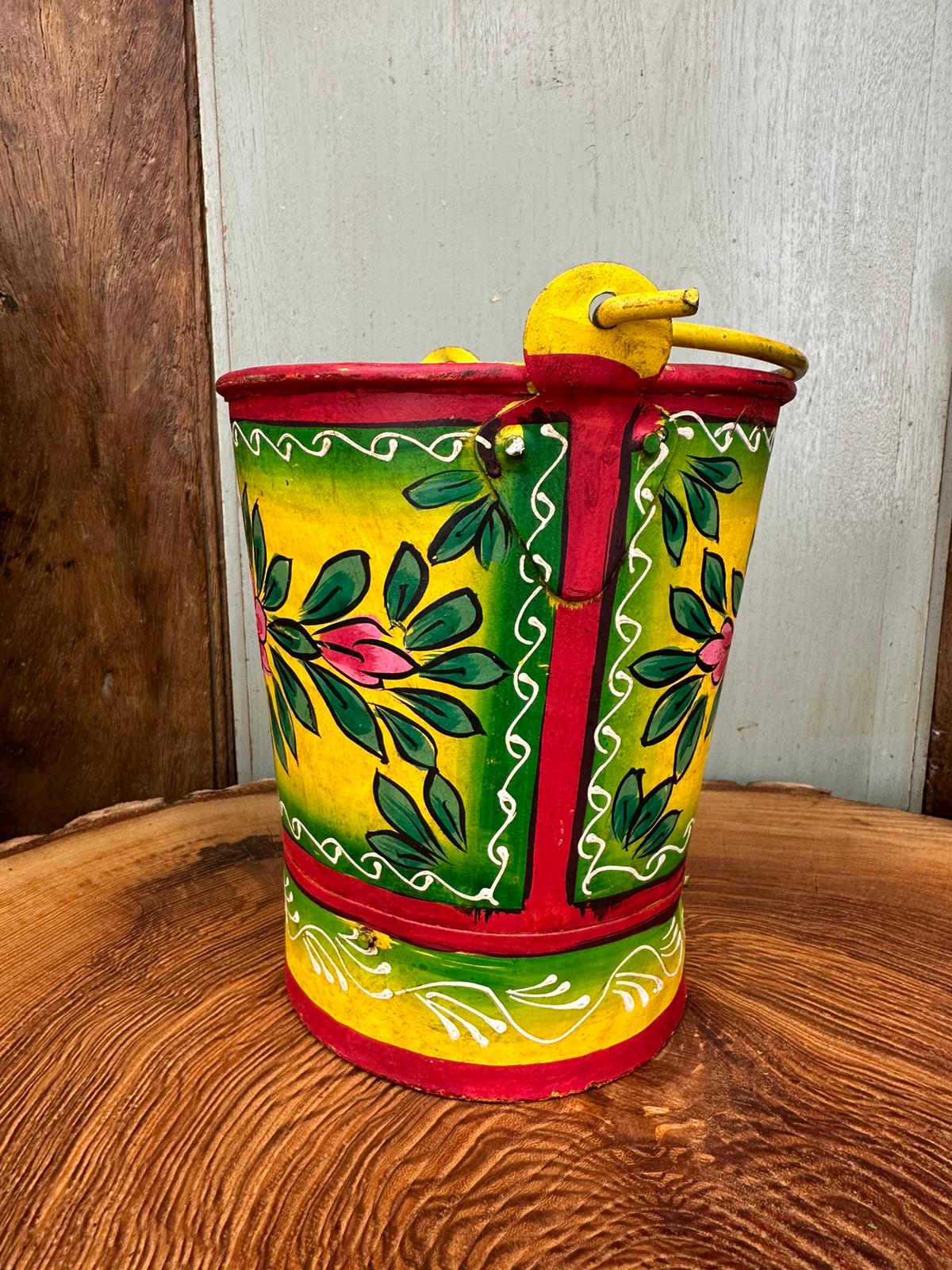 Vintage Small Hand Painted Bucket / Plant Pot / Herb Planter / Yellow Pail