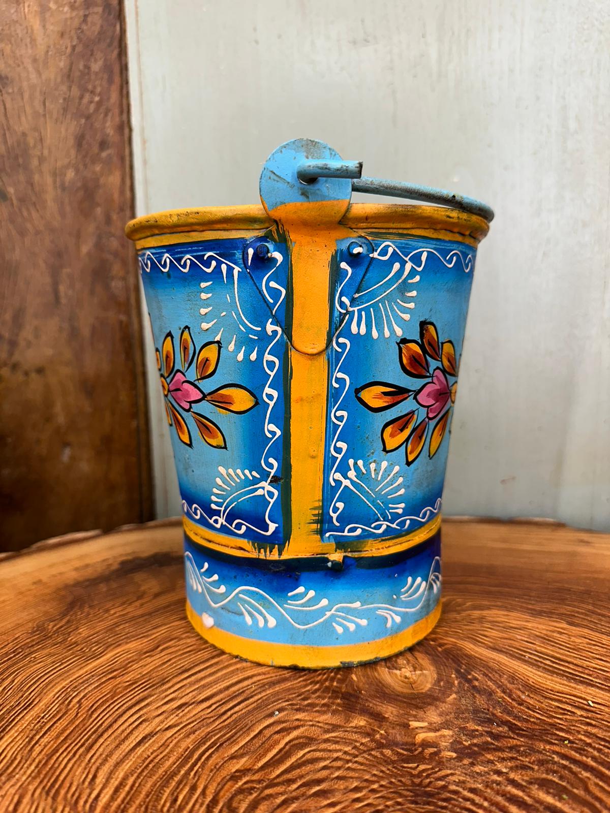 Vintage Small Hand Painted Bucket / Plant Pot / Herb Planter / Blue Pail