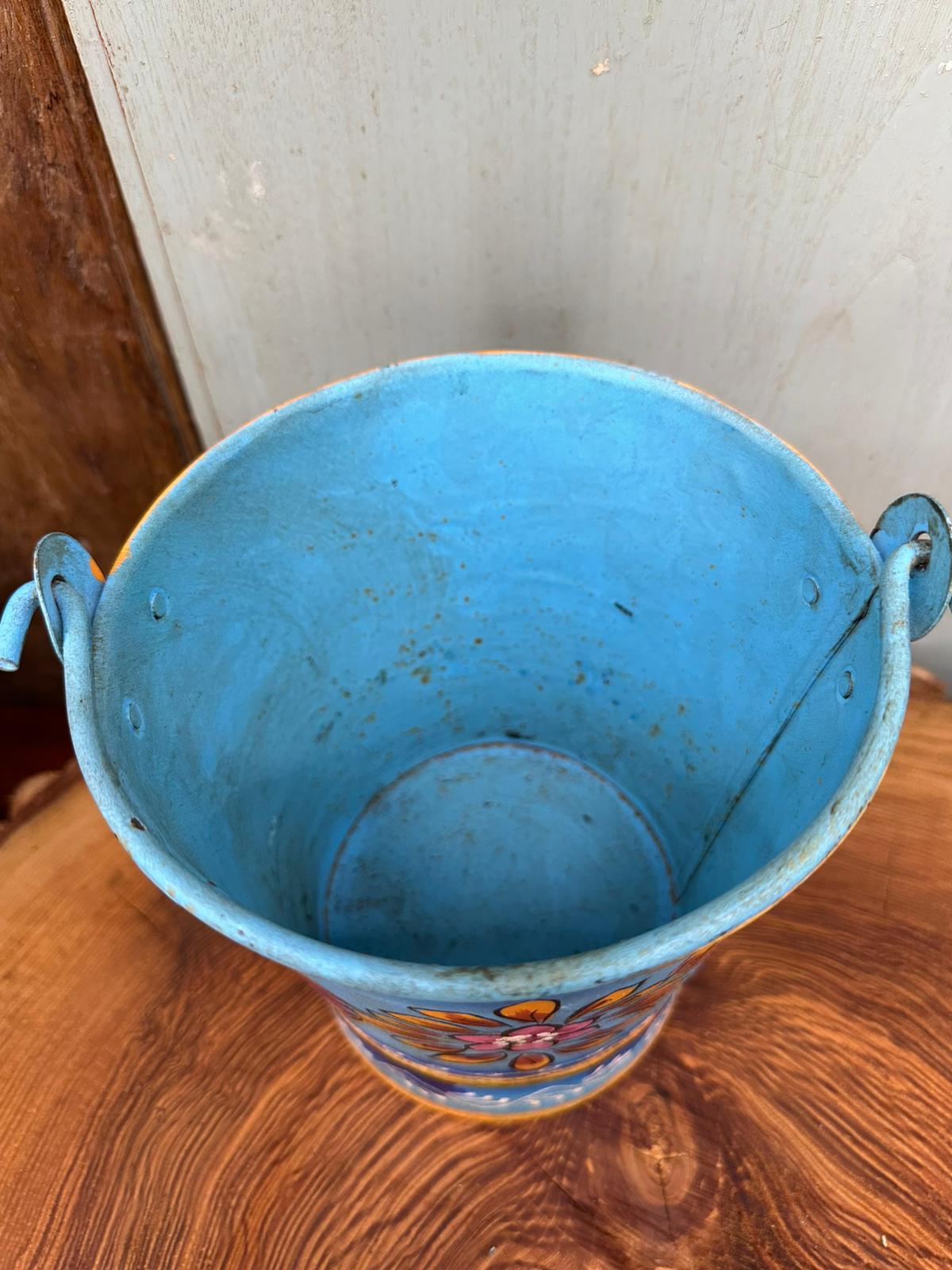 Vintage Small Hand Painted Bucket / Plant Pot / Herb Planter / Blue Pail