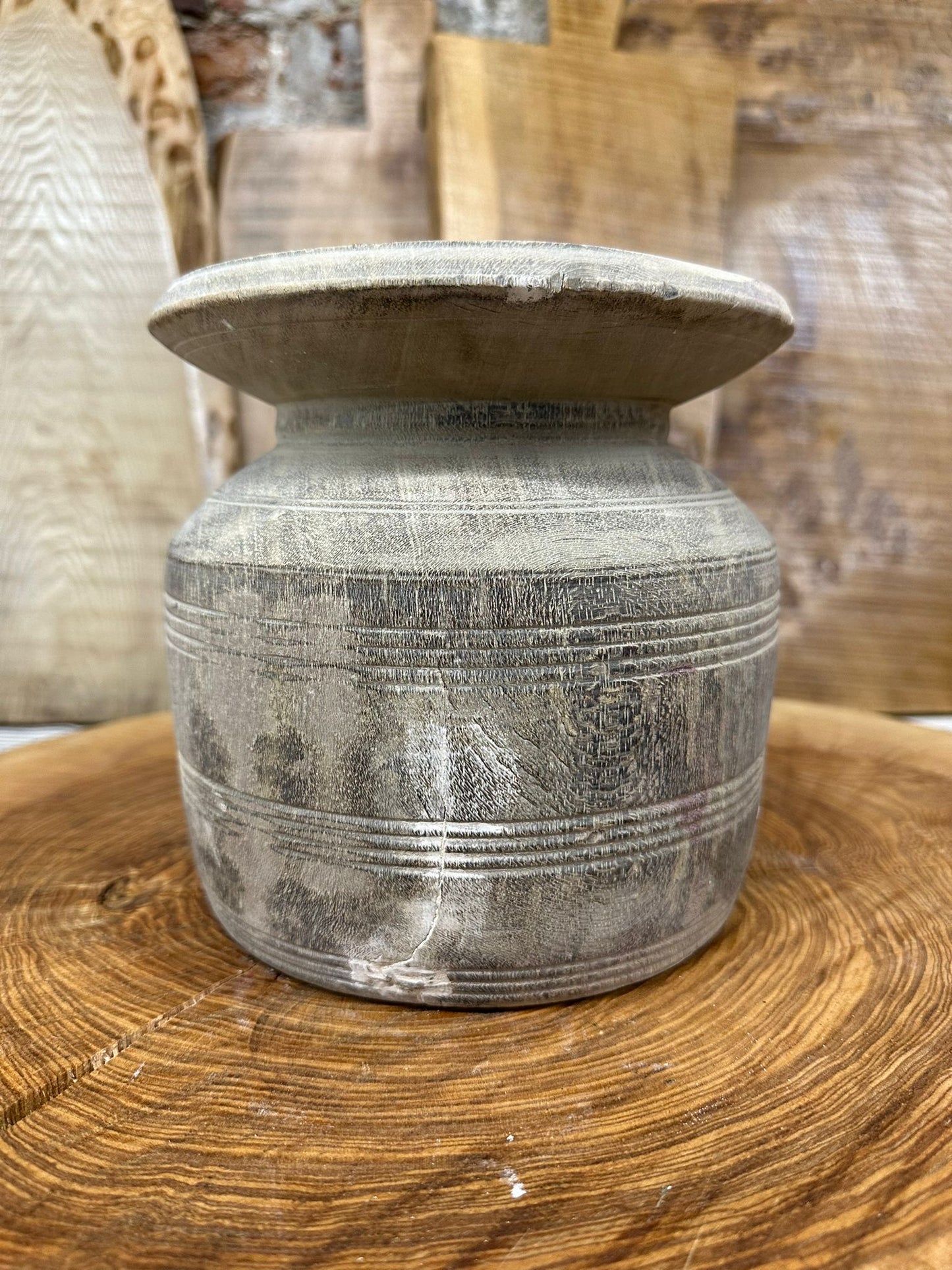 Vintage Indian Wooden Pot / Handmade Kitchen Vase /Rustic Decor B