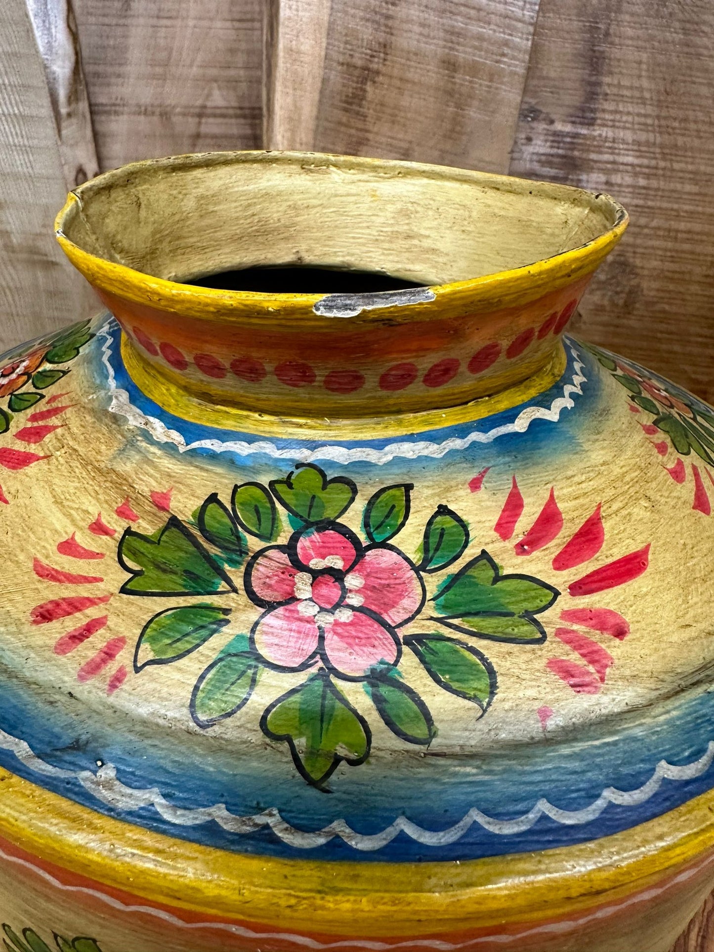 Vintage Painted Indian Water Pot / Riveted Handmade Metal Pot / Metal Vase A