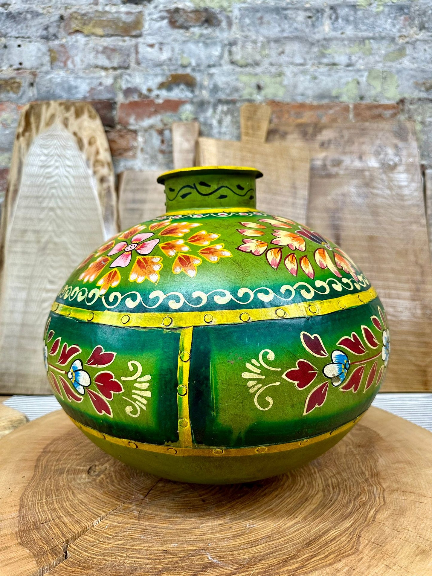 Vintage Painted Indian Water Pot Vase / Riveted Hand Beaten Metal Plant Pot A