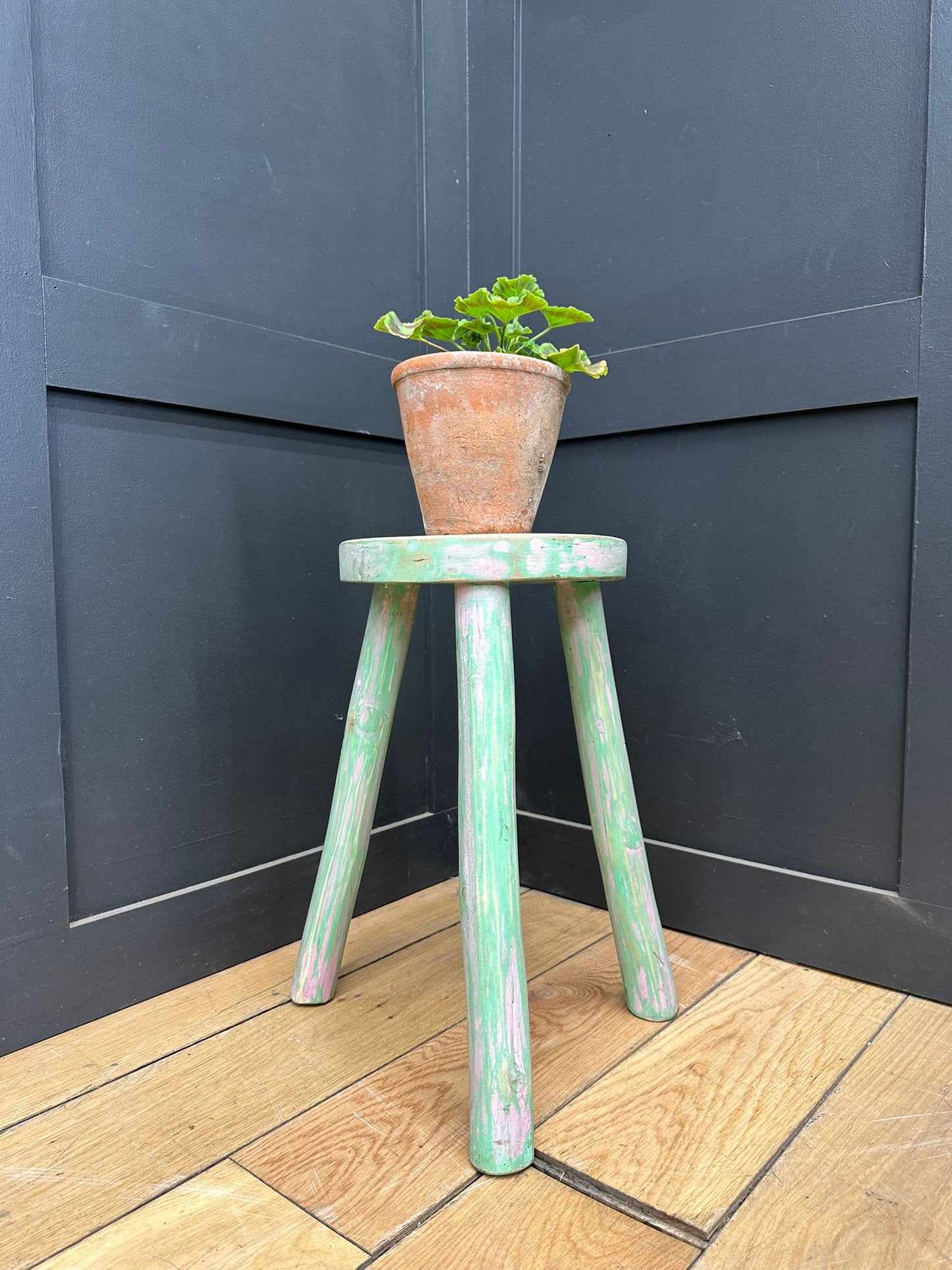 Vintage Rustic Stool / Small Stool / Handmade / Plant Stand / Distressed Green