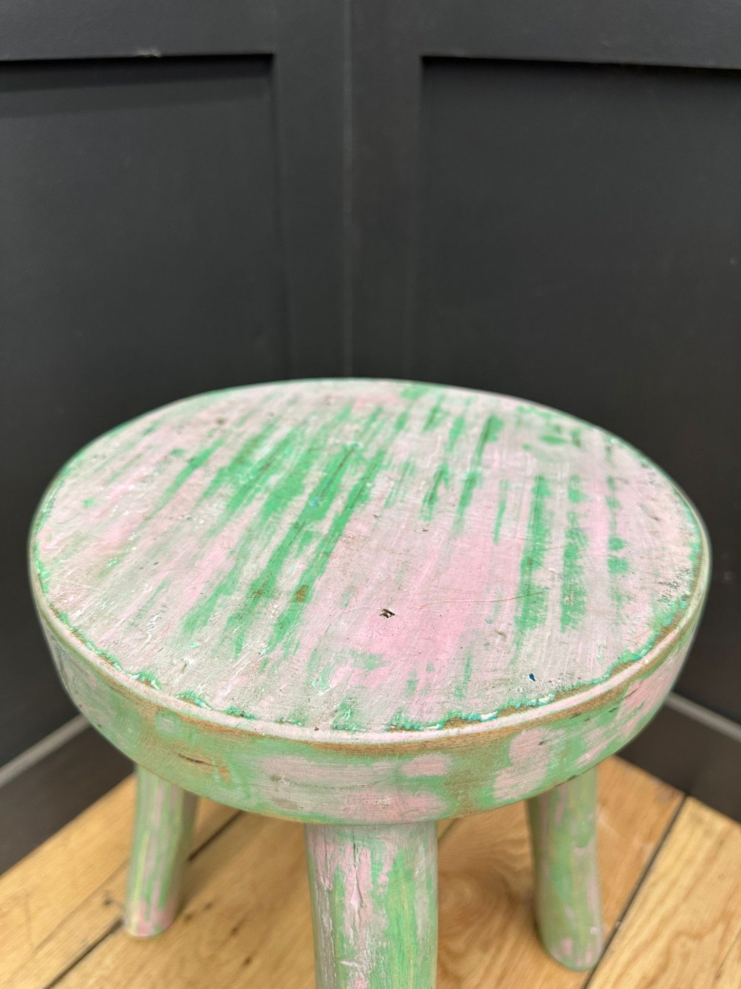 Vintage Rustic Stool / Small Stool / Handmade / Plant Stand / Distressed Green