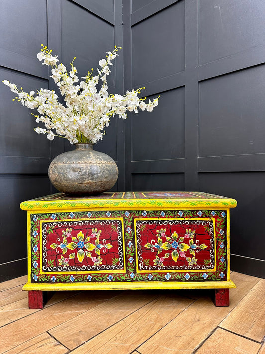 Vintage Indian Hand Painted Trunk Blanket Chest / Coffee Table / Sideboard Red