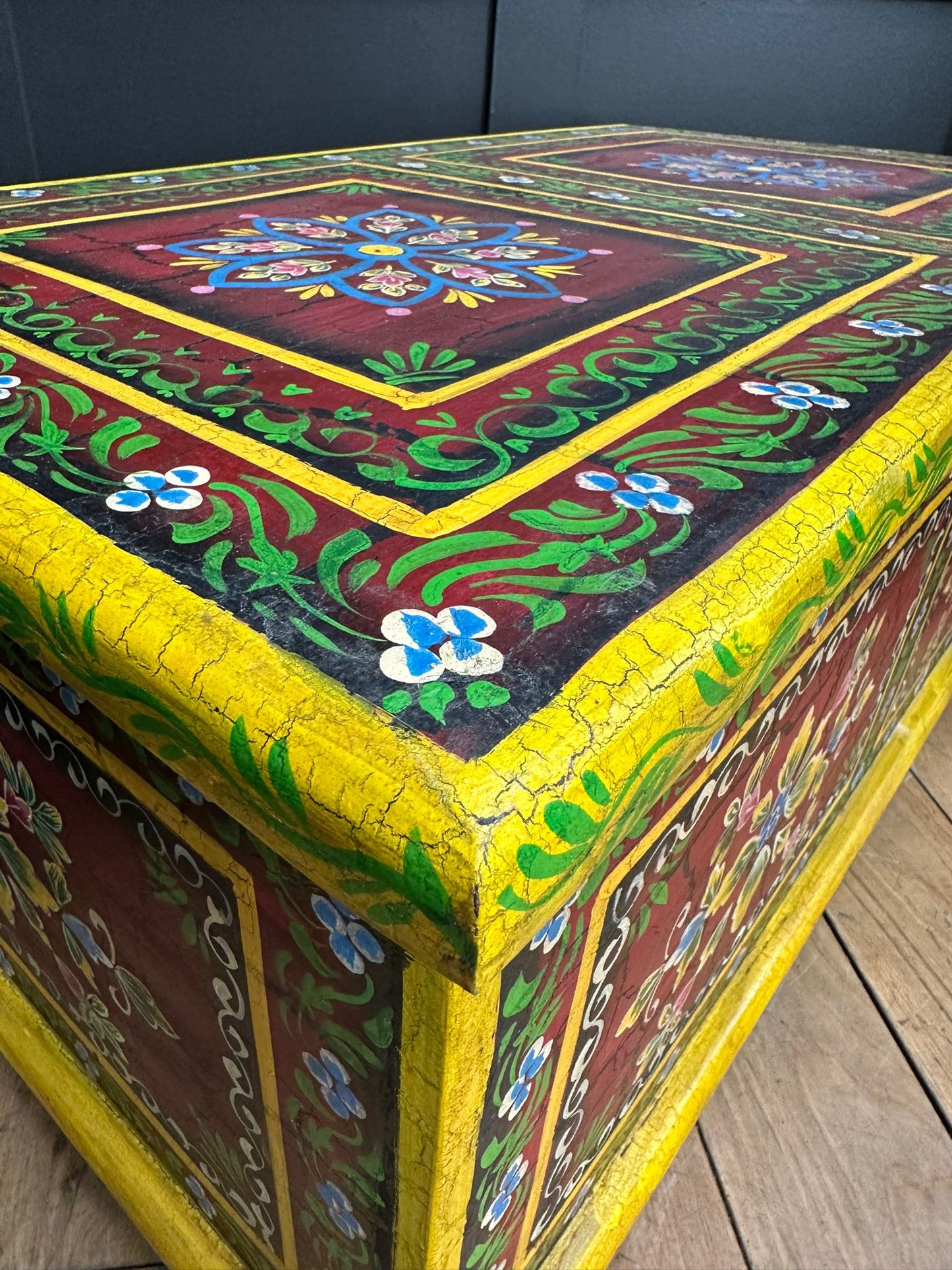 Vintage Indian Hand Painted Trunk Blanket Chest / Coffee Table / Sideboard Red
