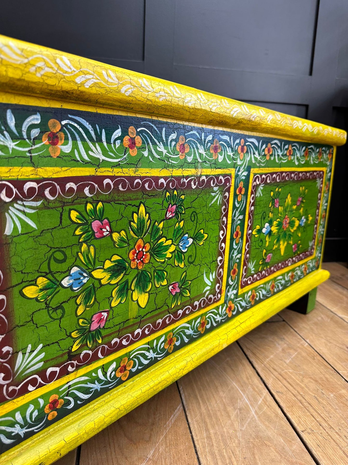 Vintage Indian Hand Painted Trunk Blanket Chest / Coffee Table / Sideboard Green