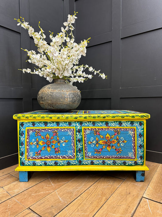 Vintage Indian Hand Painted Trunk Blanket Chest / Coffee Table / Sideboard Blue