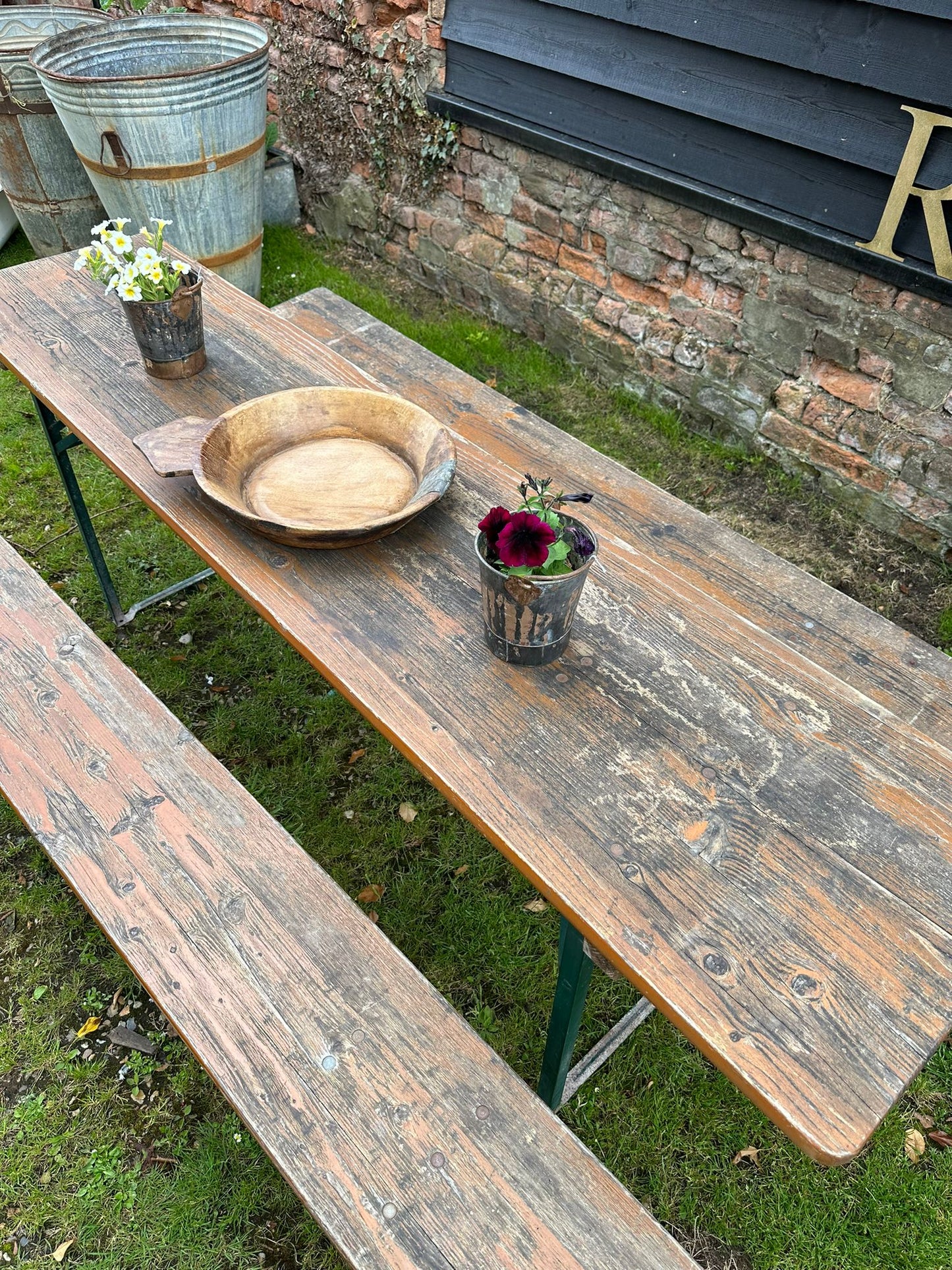 Vintage Rustic Fold Up Table & Benches / Picnic Table / Garden Furniture A