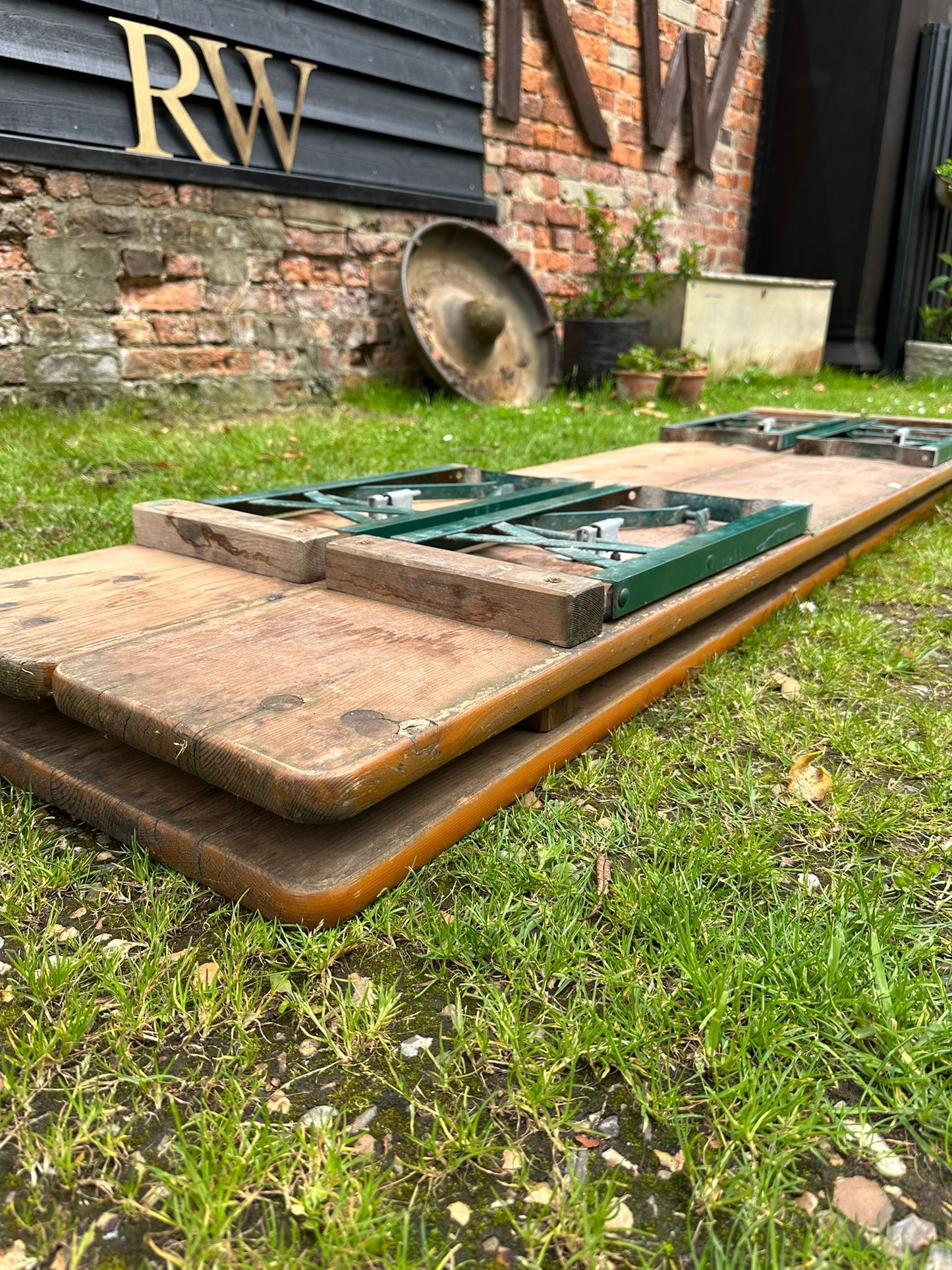 Vintage Rustic Fold Up Table & Benches / Picnic Table / Garden Furniture A