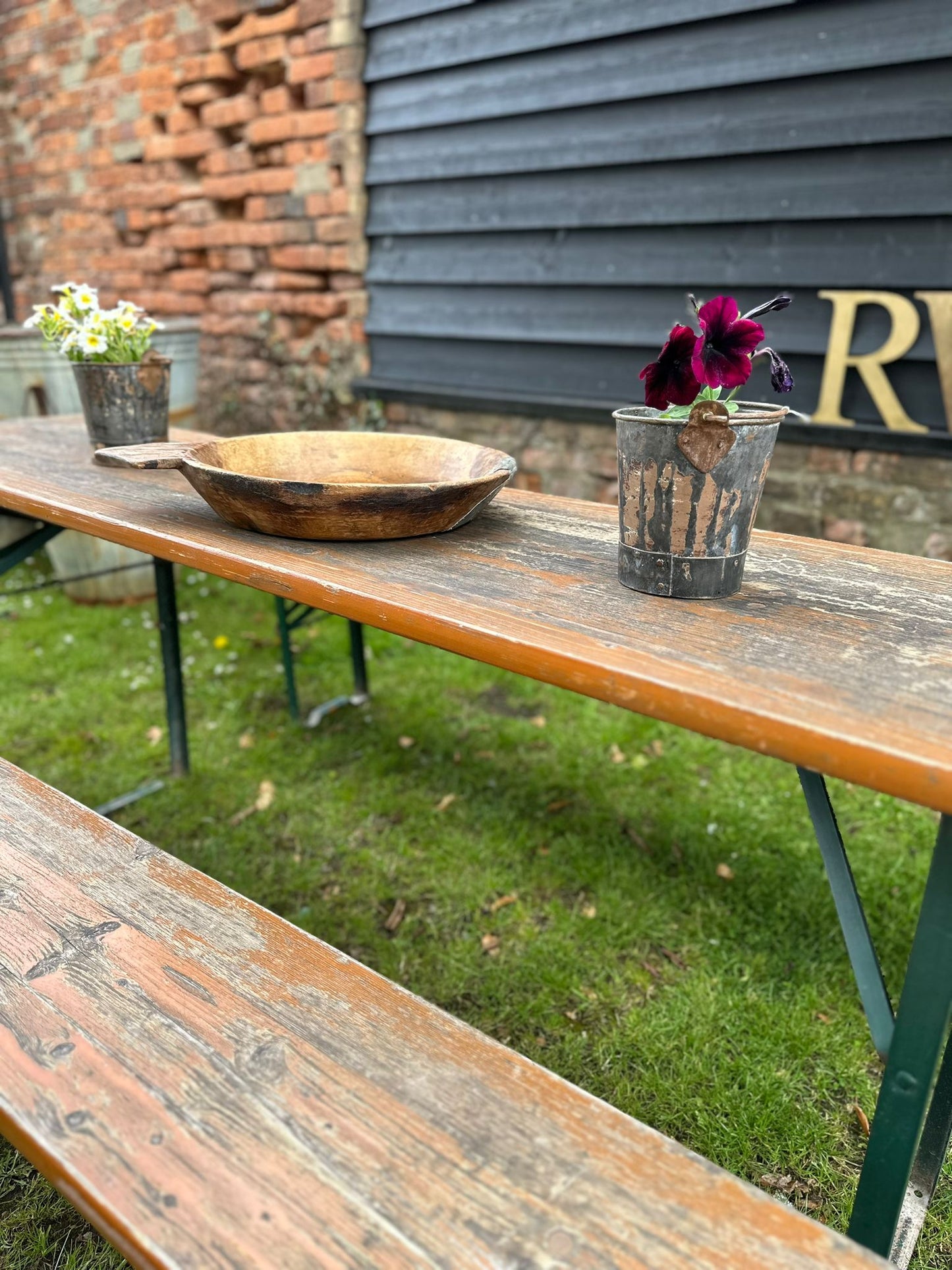 Vintage Rustic Fold Up Table & Benches / Picnic Table / Garden Furniture A