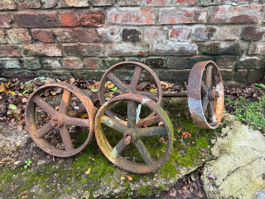 4 X Antique Vintage Cast Iron Shepherds Hut Cart Wheels With Axles